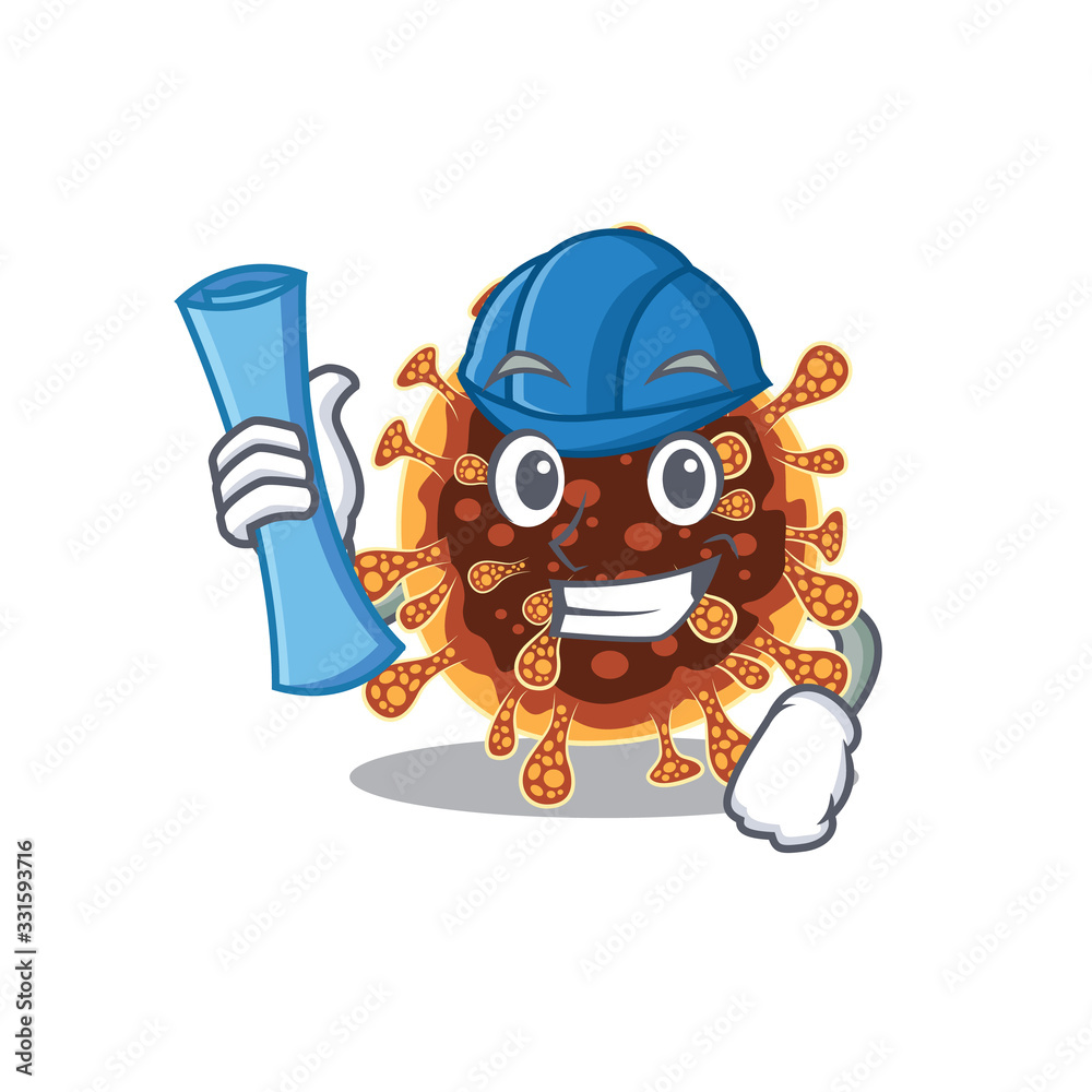Smiling Architect of gamma coronavirus having blue prints and blue helmet Smiling Architect of gamma coronavirus having blue prints and blue helmet