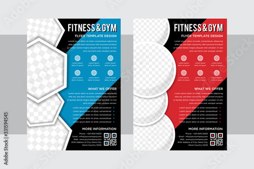 Vector horizontal layout design template for fitness center or other sport event. GYM Flyer template.  Blue, red and black shape fitness body building. hexagon and circle shape for photo collage.