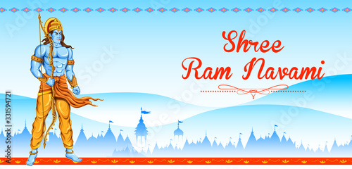 illustration of Lord Rama with bow arrow in Shree Ram Navami celebration background for religious holiday of India