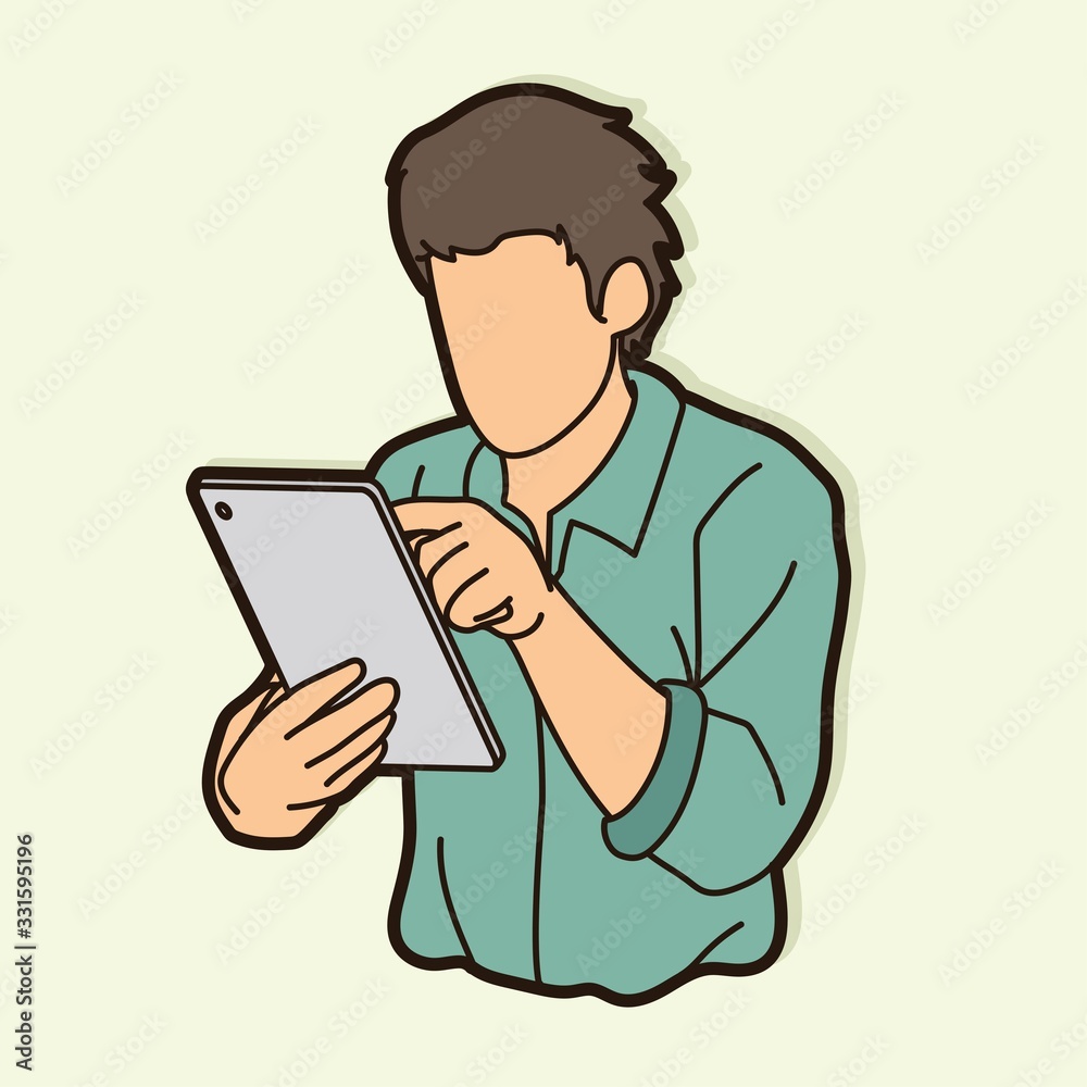 Man using digital tablet cartoon graphic vector