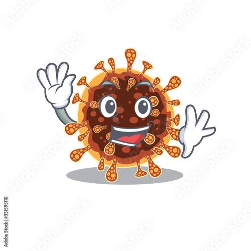 Smiley gamma coronavirus cartoon mascot design with waving hand