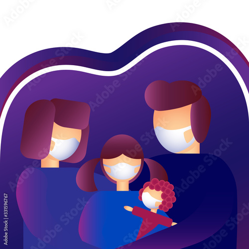 A family in medical masks. Couple with child. Man, woman, little girl with doll. Parenting. The girl imitates her parents and puts a mask on the doll. Illustration with space for text in flat style wi