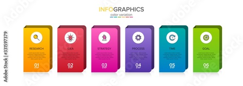 Concept of arrow business model with 6 successive isometric steps. Six colorful graphic elements. Timeline design for brochure, presentation. Infographic design layout
