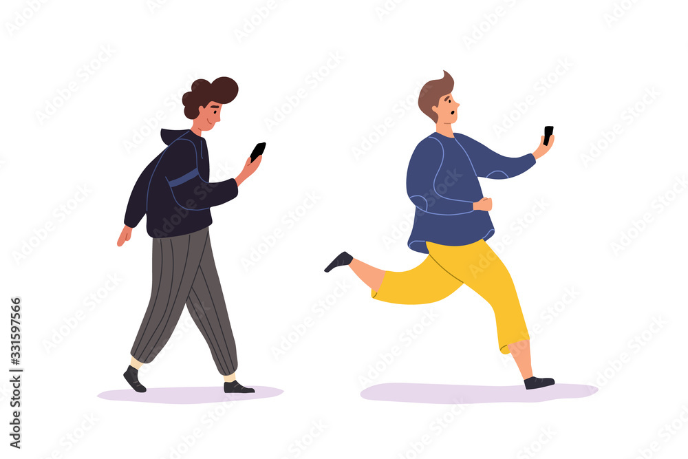 Young men holding smartphones and texting, talking, taking selfie. Flat cartoon colorful vector illustration.