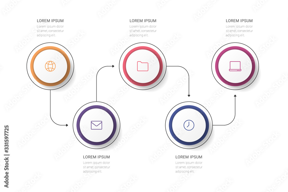 Business process. Timeline infographics with 5 options, circles. Vector illustration. Business process. Timeline infographics with 5 options, circles. Vector illustration.