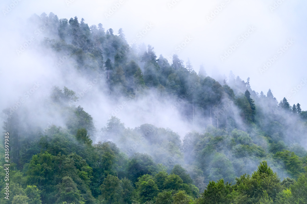 High mountain with green slopes hidden in clouds and fog.