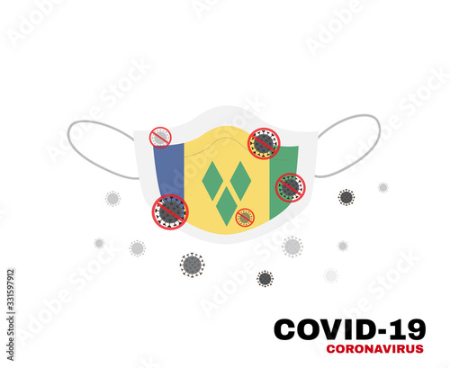 Medical face mask with symbol of the Saint Vincent and the Grenadines to protect Vincy people from coronavirus or Covid-19, virus outbreak protection concept, sign symbol background.