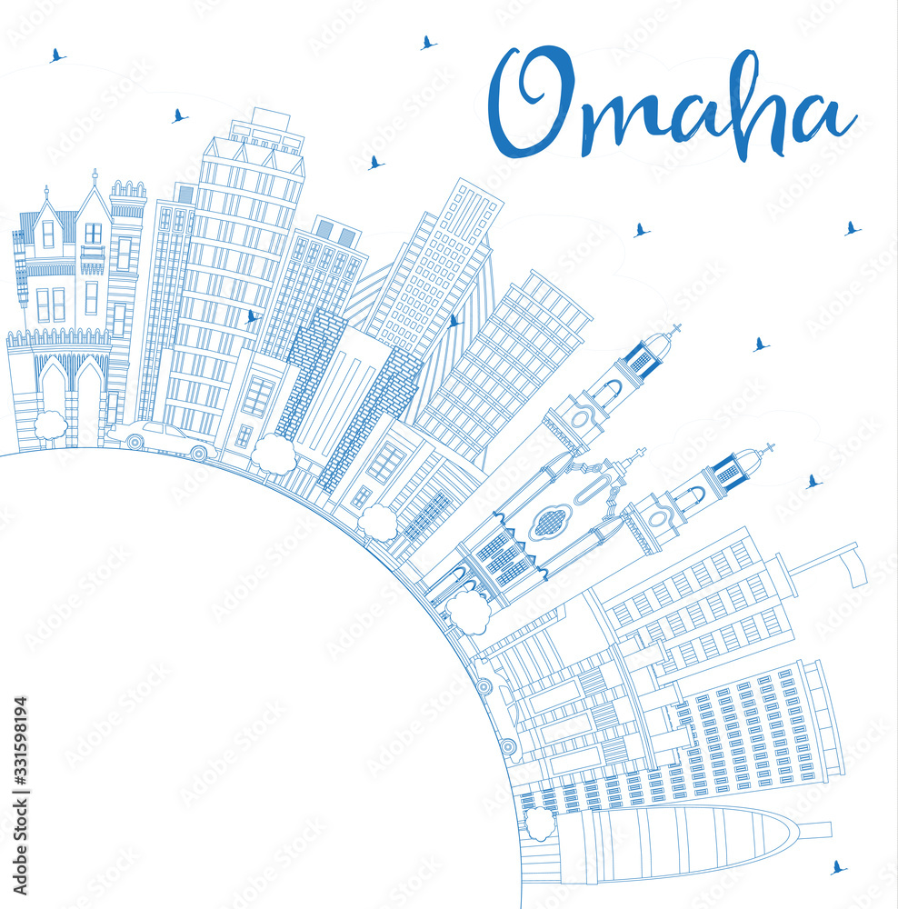 Outline Omaha Nebraska City Skyline with Blue Buildings and Copy Space.