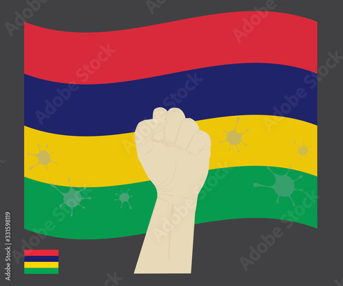 Fist power hand with novel coronavirus or COVID-19 virus stained on the mauritius National Flag, Fight for Mauritian people concept, sign symbol background, vector illustration.