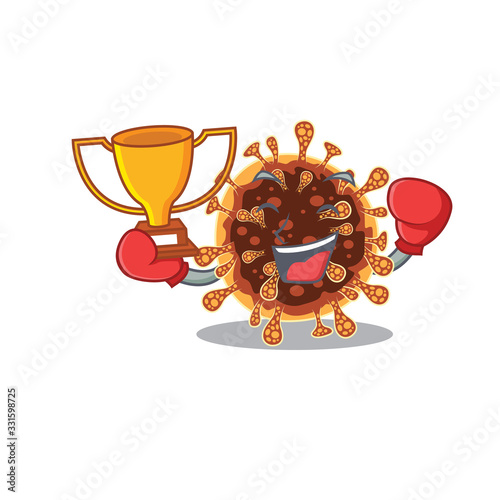 Happy face of boxing winner gamma coronavirus in mascot design style