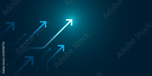 Light arrow circuit illustration with blue copy space background, digital growth concept.