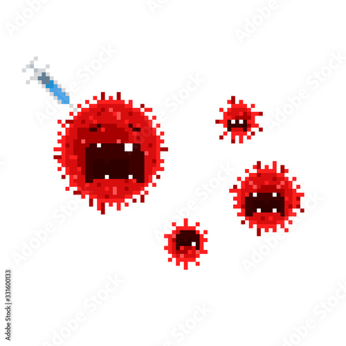 Pixel art cartoon covid-19 virus character terminating by vaccine,