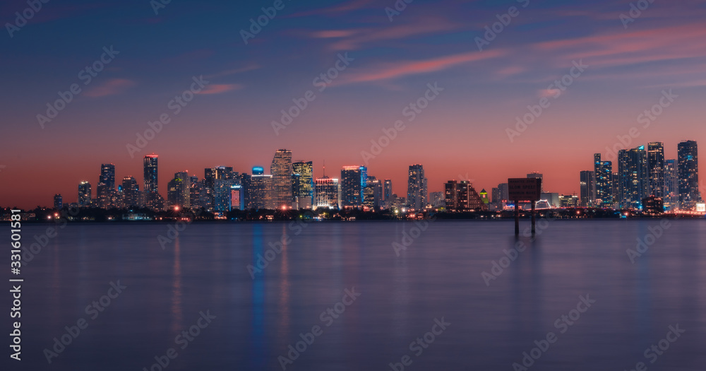 skyline city miami lighting lights sea ocean sunset night cityscape buildings downtown river water sky architecture skyscraper dusk panorama impressions