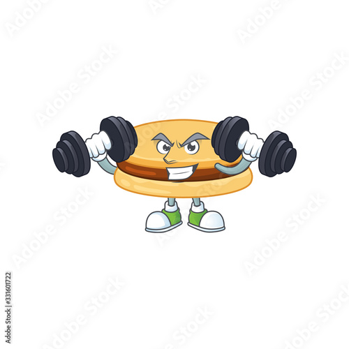 Mascot design of grinning Fitness exercise brown alfajor lift up barbells