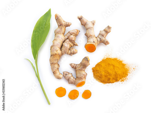 turmeric powder and turmeric rhizome and slice or curcuma longa with leaf and use as ingredients cosmetics products and is a anti inflammatory and antioxidant, including is a herb use for health care.