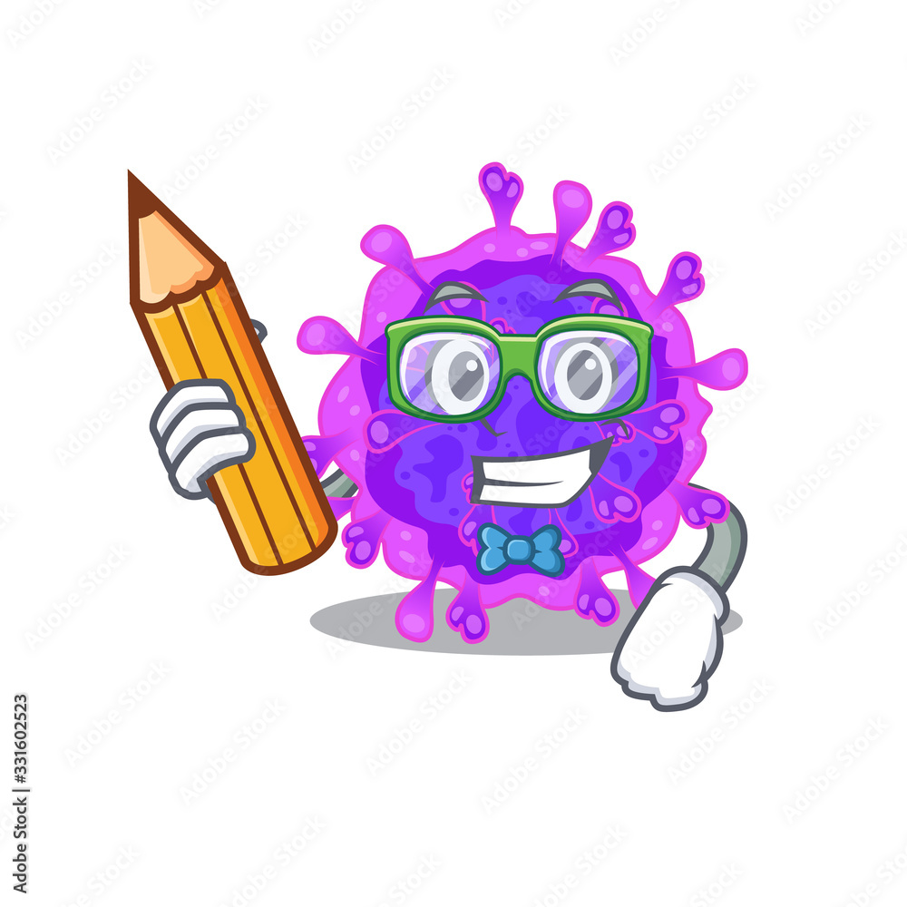 Fototapeta premium A smart student alpha coronavirus character with a pencil and glasses