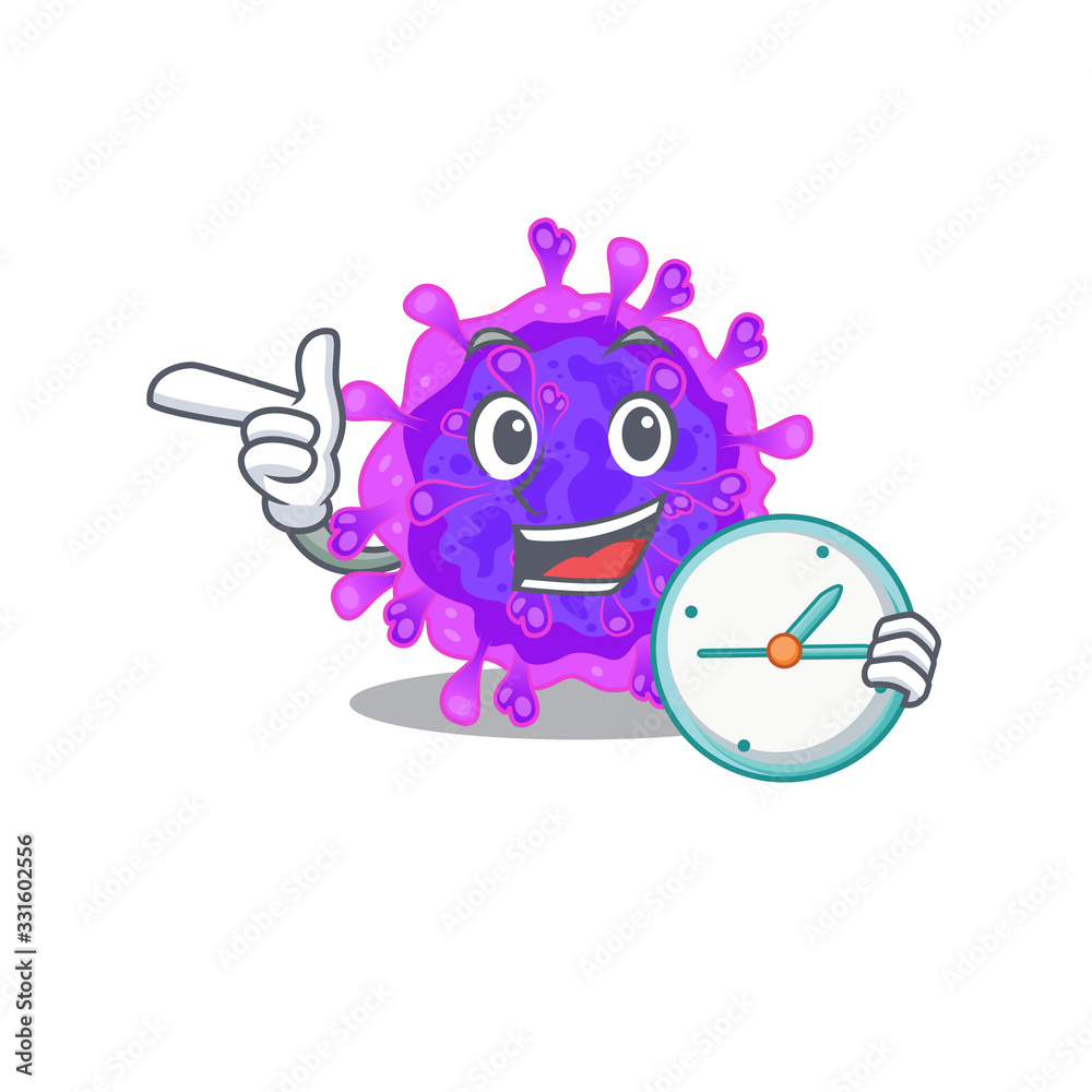 Cheerful alpha coronavirus cartoon character style with clock