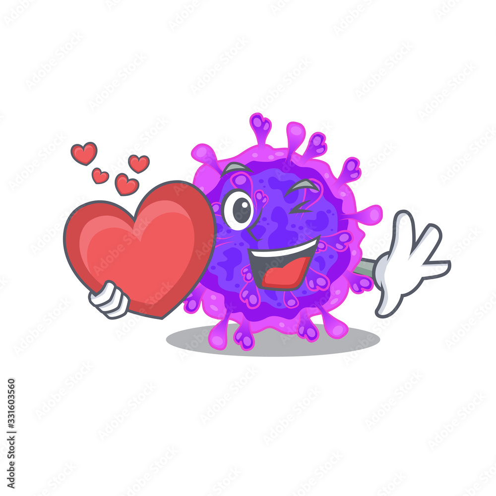 A romantic cartoon design of alpha coronavirus holding heart A romantic cartoon design of alpha coronavirus holding heart