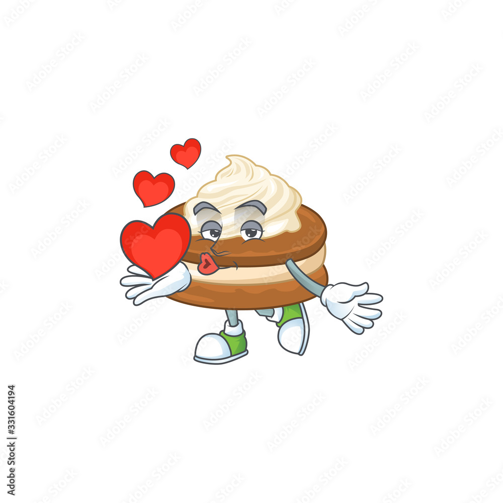 A romantic cartoon character of white cream alfajor with a heart