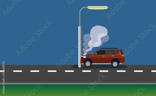 Beside of  family car hit a bright electricity pole, causing smoke to eject.