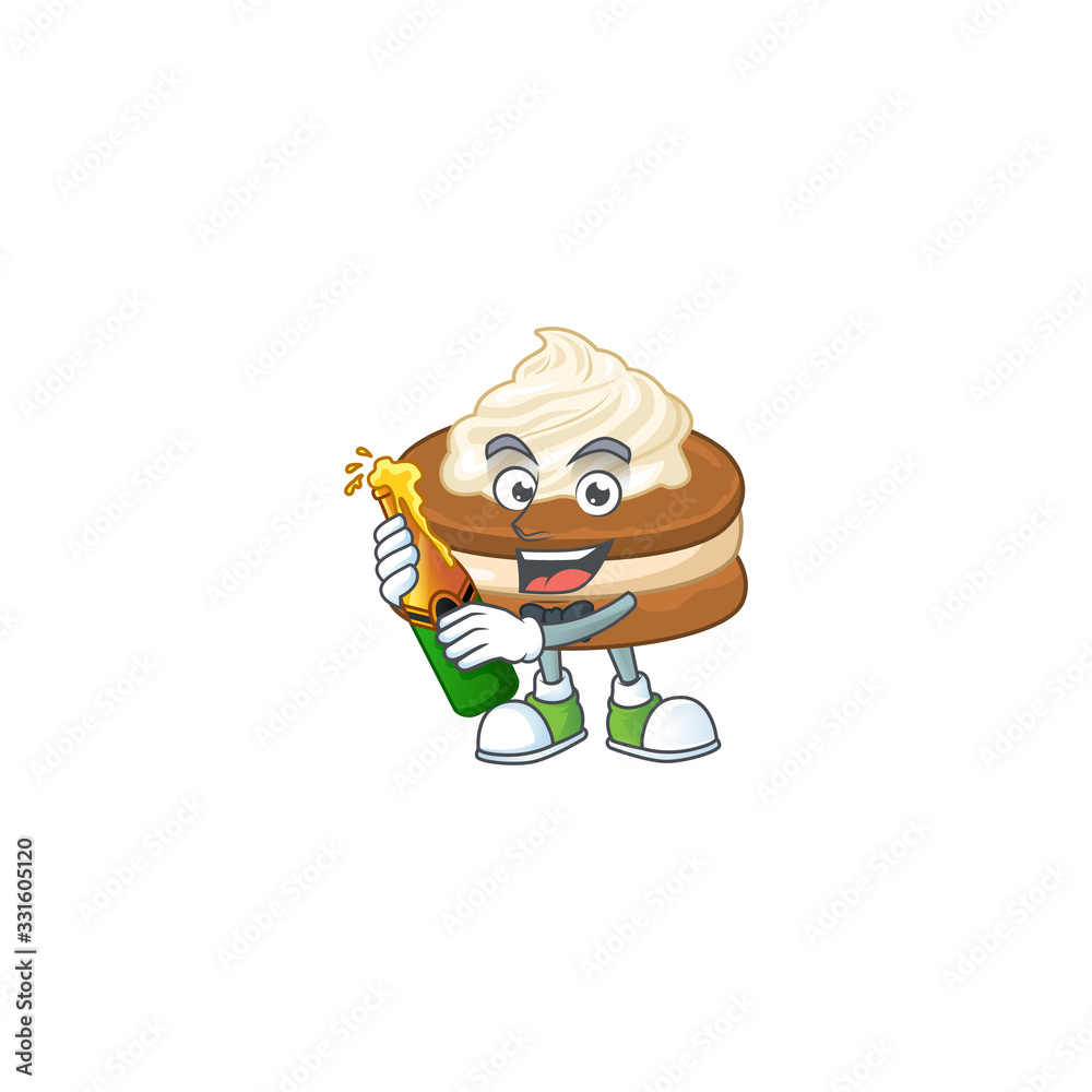 mascot cartoon design of white cream alfajor with bottle of beer