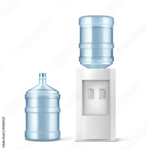 Water cooler and big bottle for office and home. Vector realistic mockup of dispenser for pouring hot and cold clean water and large plastic gallon isolated on white background