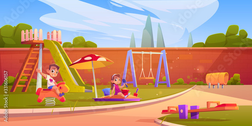Kids on playground in summer park, garden or backyard with slide, sandbox and swing. Vector cartoon illustration of happy girl playing in sandpit and boy on rocking horse in kindergarten