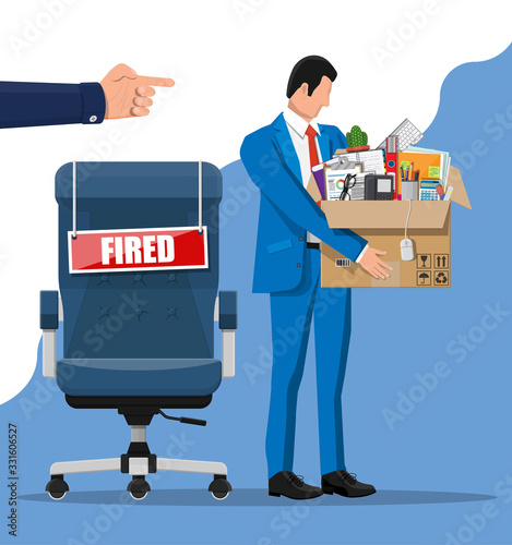 Dismiss employee, chair with fired word plate and cardboard box with office items. Hiring and recruiting. Human resources management concept searching professional staff work. Flat vector illustration