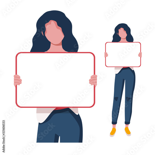 A girl holds a poster to demonstrate something. Place for the text. Vector illustration to demonstrate information.