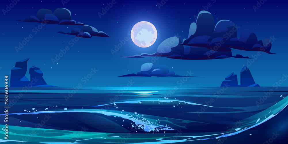 Night sea landscape with moon, stars and clouds in dark sky. Vector ...