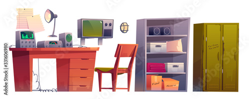 Underground bunker control room equipment set, cartoon bomb shelter, headquarters base for survival. Vector hiding place to protection from danger, command post with control panel and radio station