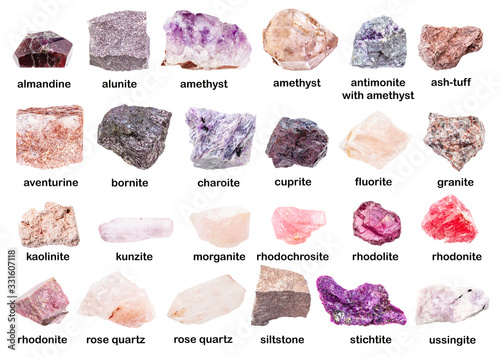 set of various unpolished pink minerals with names