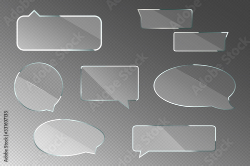 Glass speech bubbles with metal frame isolated on transparent background. Vector realistic set of clear acrylic thought clouds for chat dialog, social communication, message or quote
