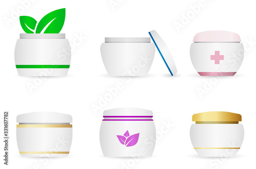 Set Vector icons of jars with natural cream. Color jars with leaves isolated on a white background.