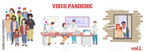 Virus epidemic vector illustration. Coronavirus respiratory disease prevention, awareness. Group of people wear mask, microbiology scientists in lab, couple quarantine at home. Corona virus pandemic.
