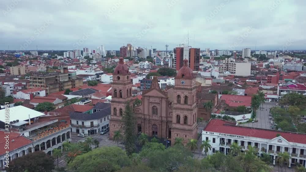 Aerial view of the city of Santa Cruz de la Sierra. Camera ascends near the Cathedral Basilica of St. Lawrence Aerial view of the city of Santa Cruz de la Sierra. Camera ascends near the Cathedral Basilica of St. Lawrence