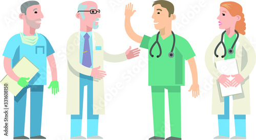 Medical staff: doctors, men and a woman in a medical uniform with a stethoscope talk to each other. Flat vector illustration.