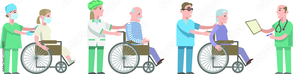 Doctors in a medical uniform transport patients in wheelchairs. They are met by a doctor with a stethoscope and a list in their hands. Flat vector illustration. Doctors in a medical uniform transport patients in wheelchairs. They are met by a doctor with a stethoscope and a list in their hands. Flat vector illustration.