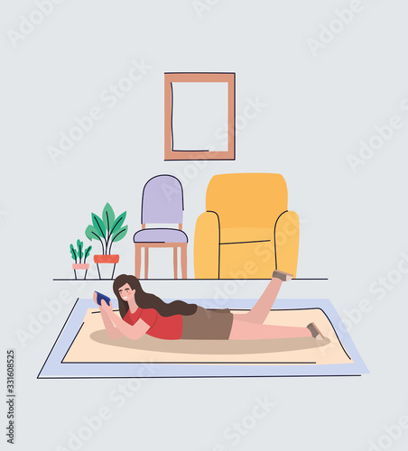 Girl with smartphone at home vector design