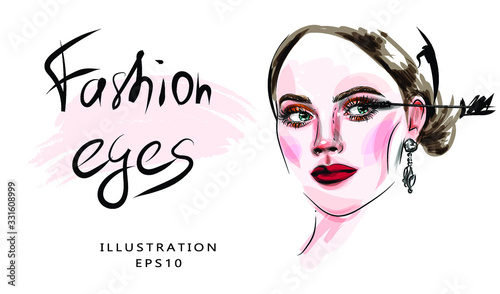 Vector illustration. Beautifull girl. Makeup red lips and long eyelashes. Suitable for printing and for printing on fabric. Beauty and personal care concept. Caption Fashionable eyes. Mascara.