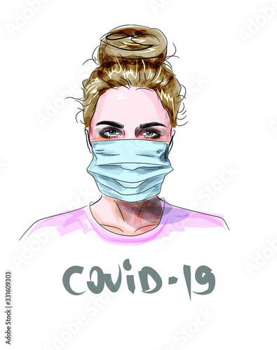COVID-19, 2019-nCoV, woman with a blue medical mask. The concept of stopping a new coronavirus outbreak worldwide. People face a respiratory protective mask and Covid-19 disease. Spread of the virus. 