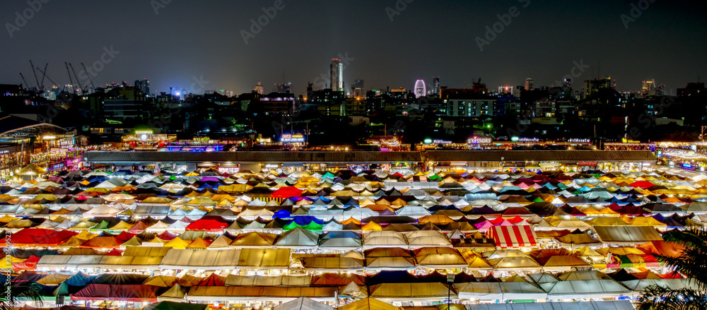 Bangkok Ratchada Train Night Market with colourful tents good to print