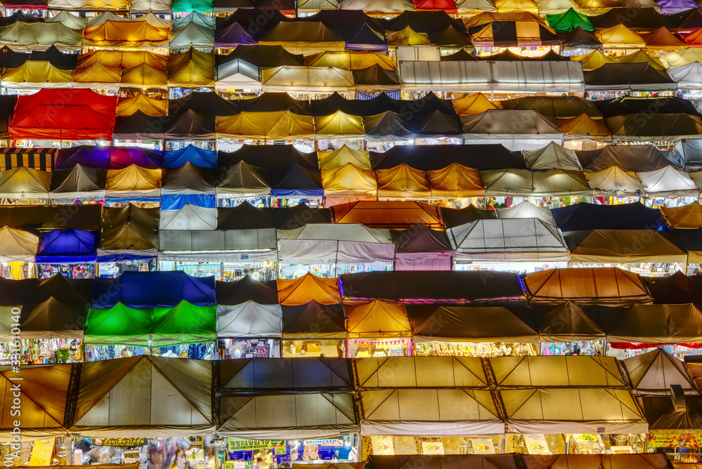 Bangkok Ratchada Train Night Market with colourful tents good to print