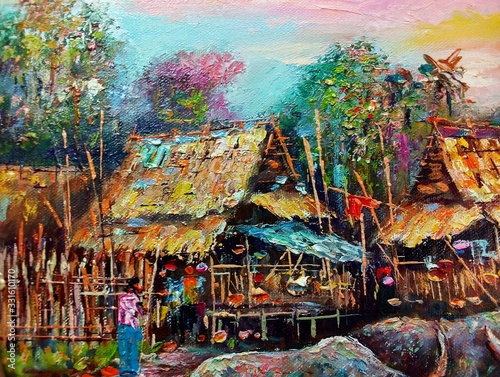 Art painting Oil color Hut northeast Thailand Countryside ,  agriculturist , rural life , rural thailand © Kwang Gallery