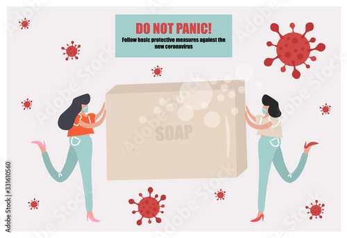 Vector illustration with girls and soap on the theme of coronavirus