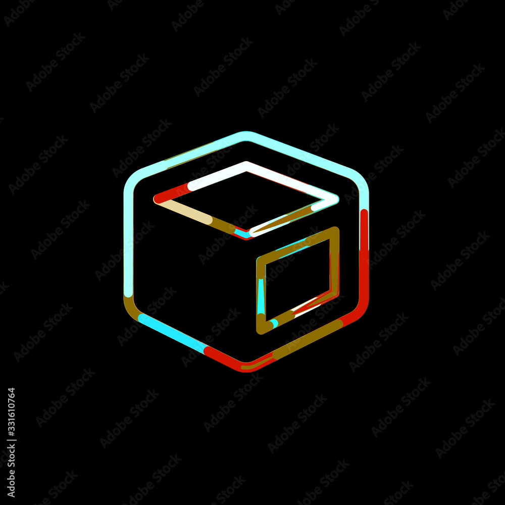 Symbol cube from multi-colored circles and stripes. Red, brown, blue, white Symbol cube from multi-colored circles and stripes. Red, brown, blue, white