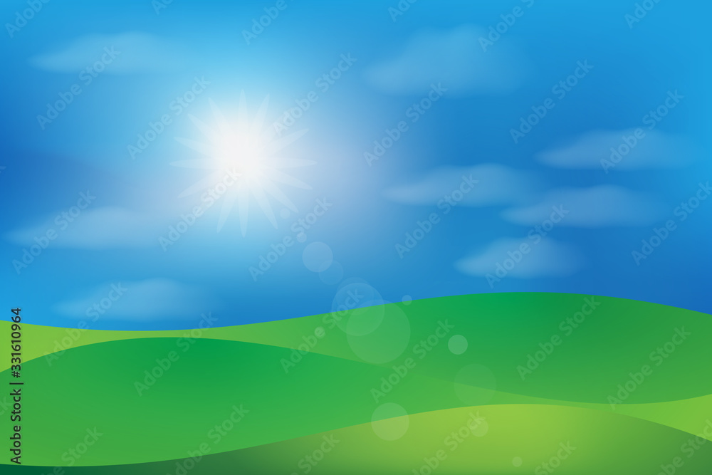 Landscape green hill and blue cloudy sunny sky vector image background