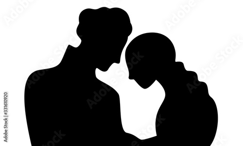 19th century love couple silhouette. Black and white.