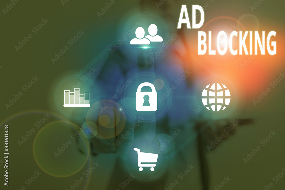 Writing note showing Ad Blocking. Business concept for program that will remove different kinds of advertising from web Writing note showing Ad Blocking. Business concept for program that will remove different kinds of advertising from web