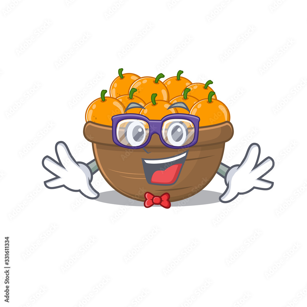 Naklejka premium Super Funny Geek orange fruit basket cartoon character design